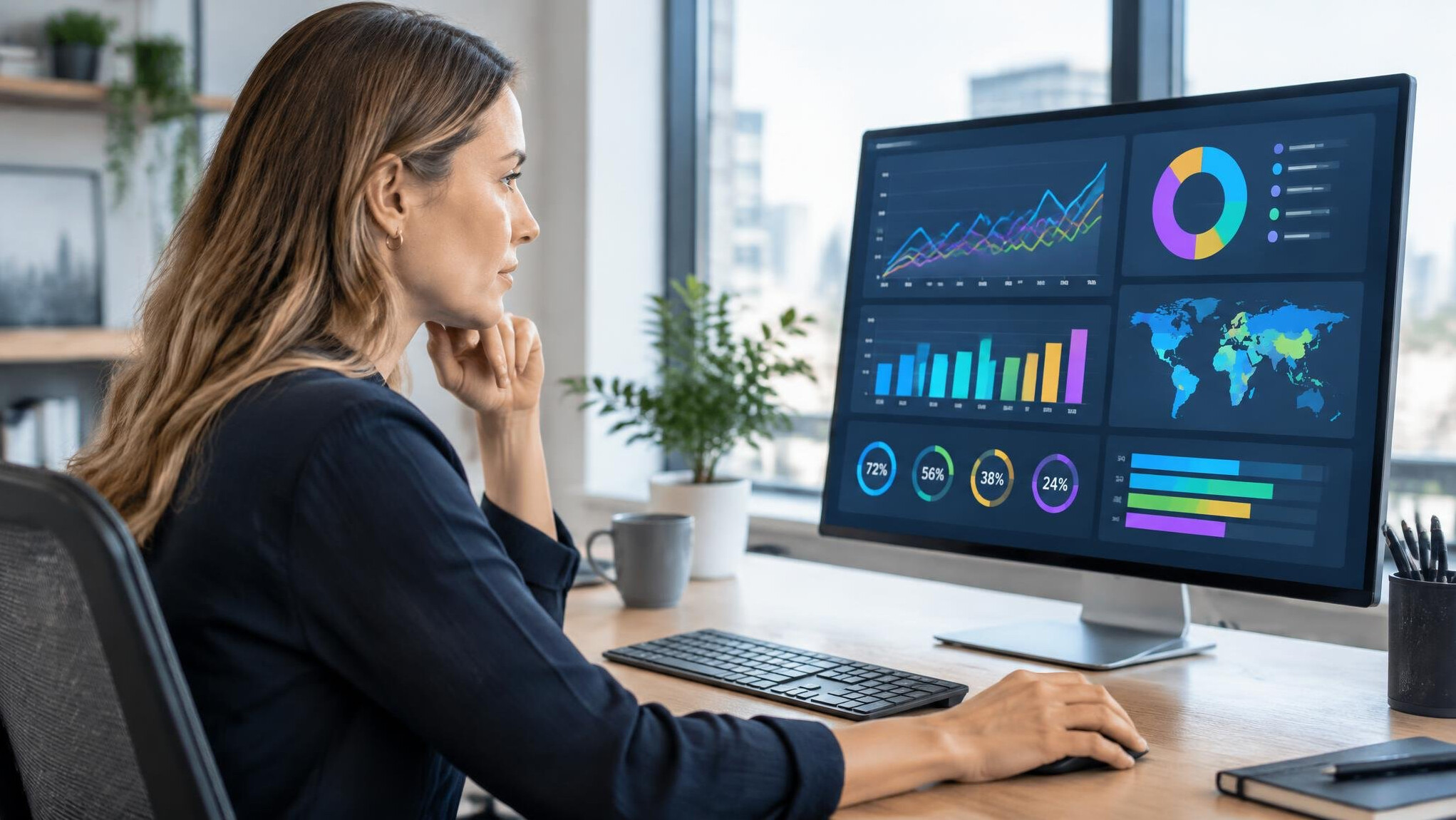 Woman analyzing a data dashboard on a large monitor