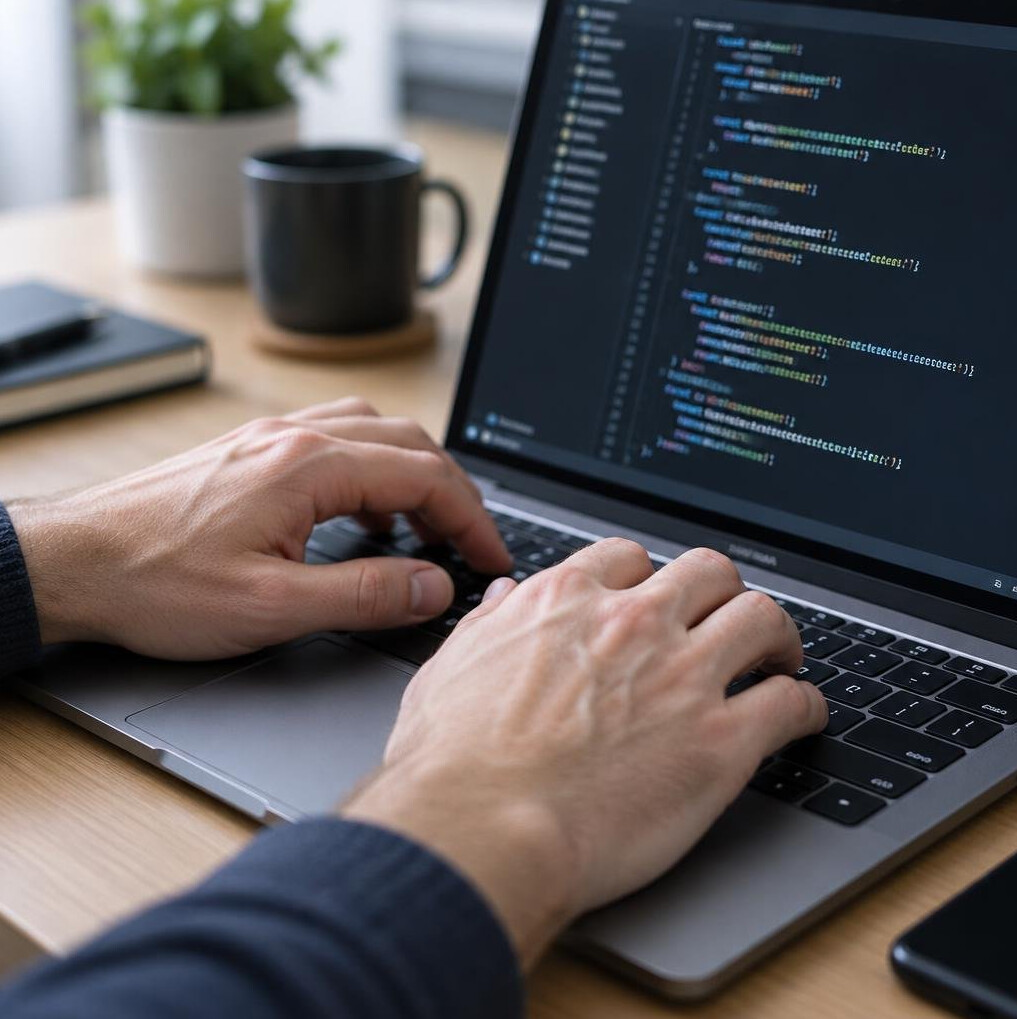 Close-up of hands typing code on a laptop keyboard