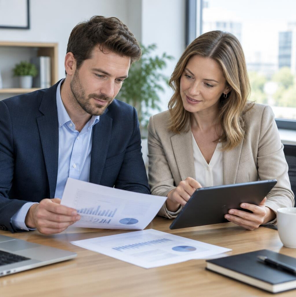 Two colleagues reviewing documents at an office desk