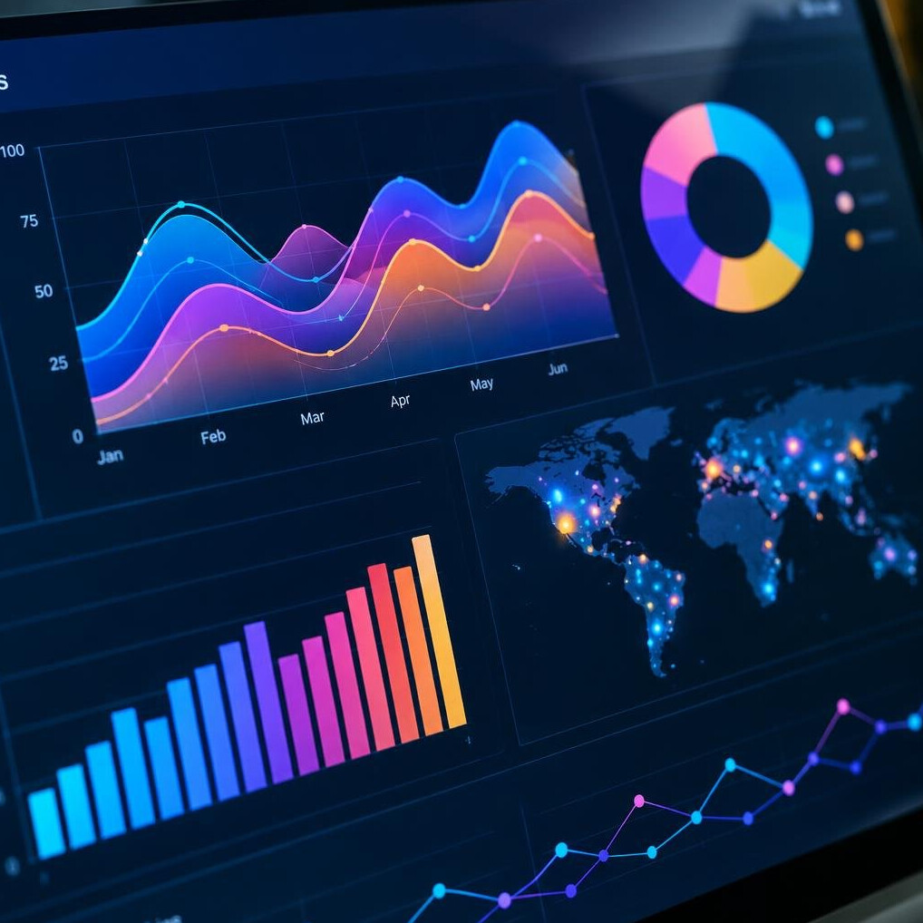 Computer screen showing colorful data visualization graphs